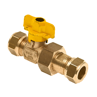 Gaskogelkraan 22 mm. knel x 22 mm. koppeling knel