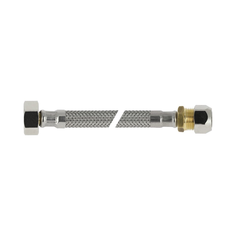 RVS flex. aansluitleiding 35cm 1/2"bi.x 10mm. knel